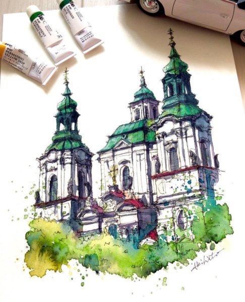 Храмы скетчинг в акварели