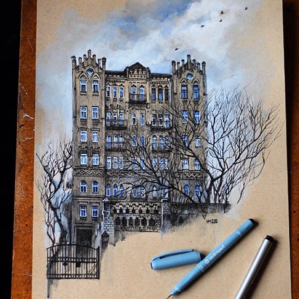 Пейзаж акварельными маркерами