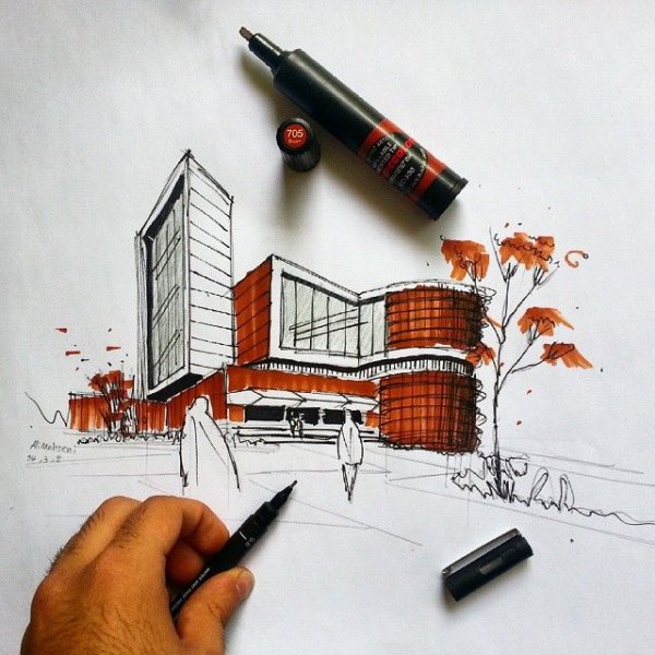 Архитектурный скетчинг маркерами перспектива