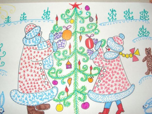 Детские рисунки на новый год фломастерами
