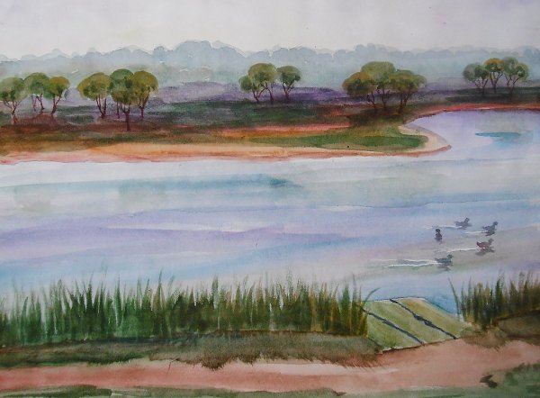 Акварель берег реки