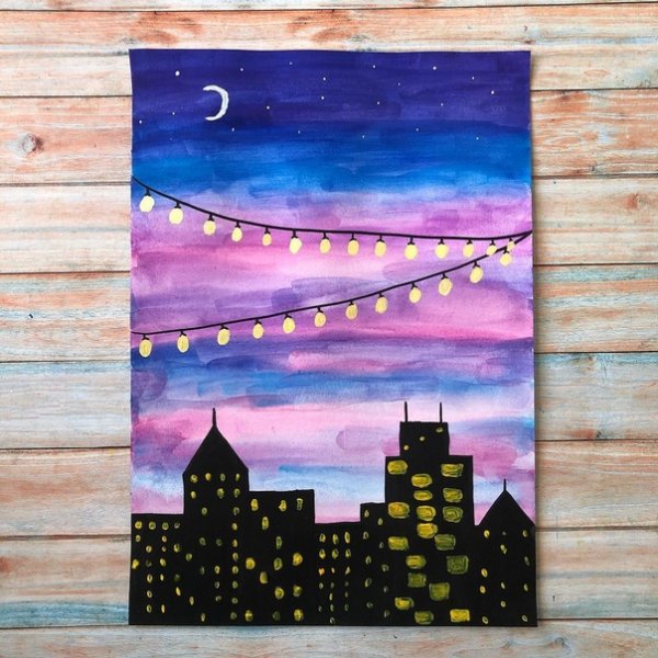 Ночной город рисунок красками