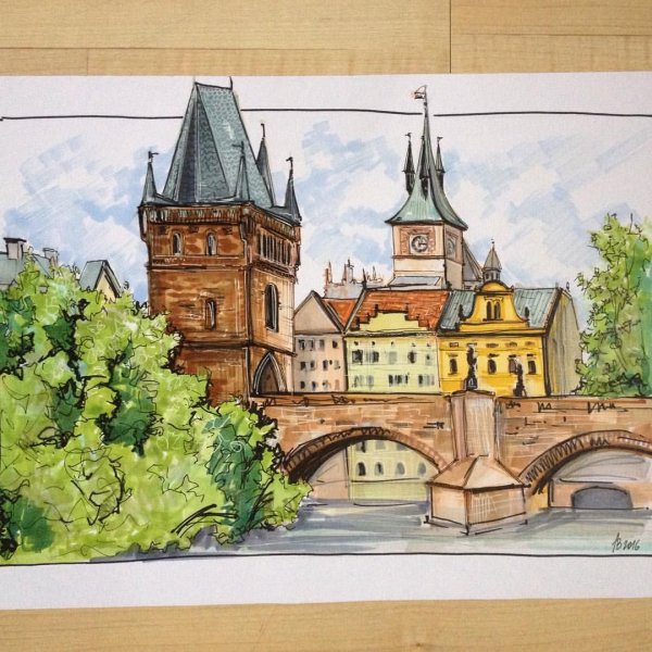 Город рисунок фломастерами