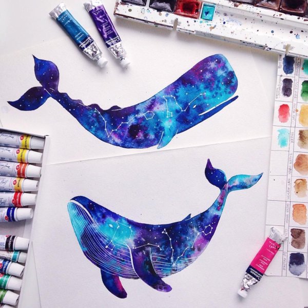 Кит в космосе акварелью