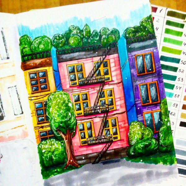 Домик скетч маркерами