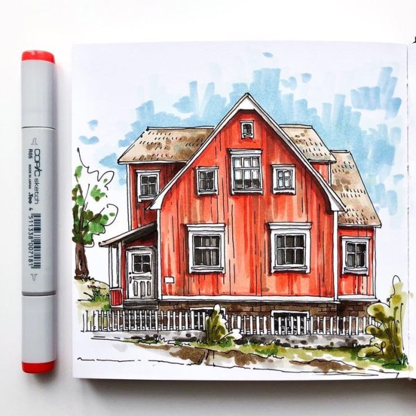 Домики маркерами для скетчинга