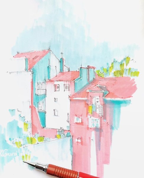 Розовые домики акварель