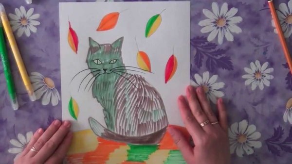 Кошка фломастерами для детей