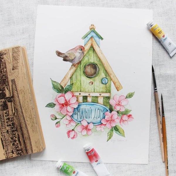 Скетч домик акварель