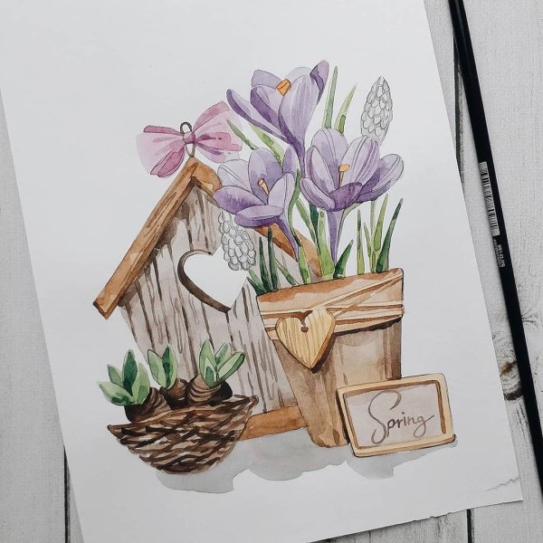 Весенний скетч акварель