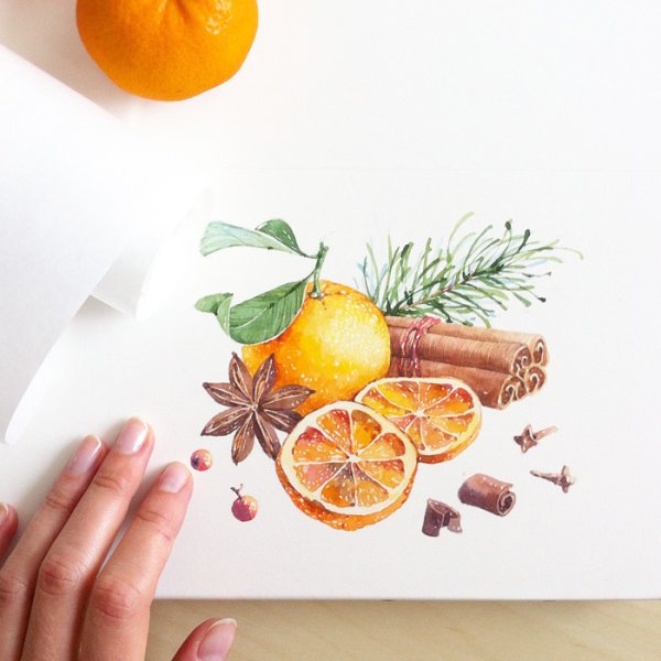 Мандарин акварелью скетчинг