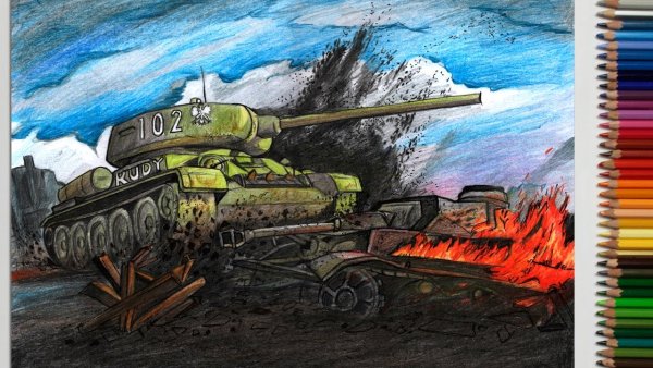 Танк цветными карандашами