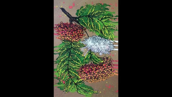 Дерево рябина гуашью