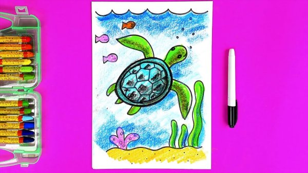 Рыба кит папа рисует масляной пастелью