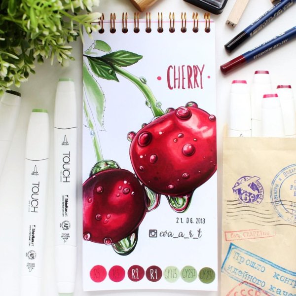 Вишня маркерами для скетчинга