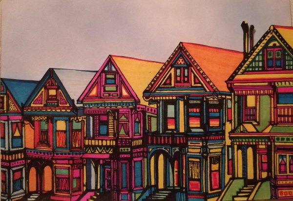 Цветные домики фломастерами