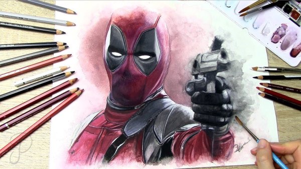 Рисунок Дэдпула цветными карандашами