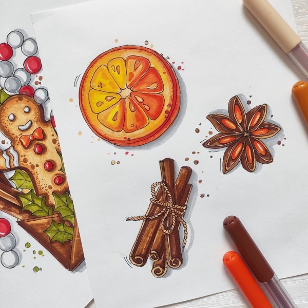 Апельсин и корица акварель