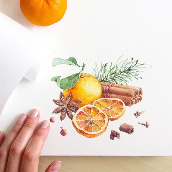 Мандарин акварелью скетчинг