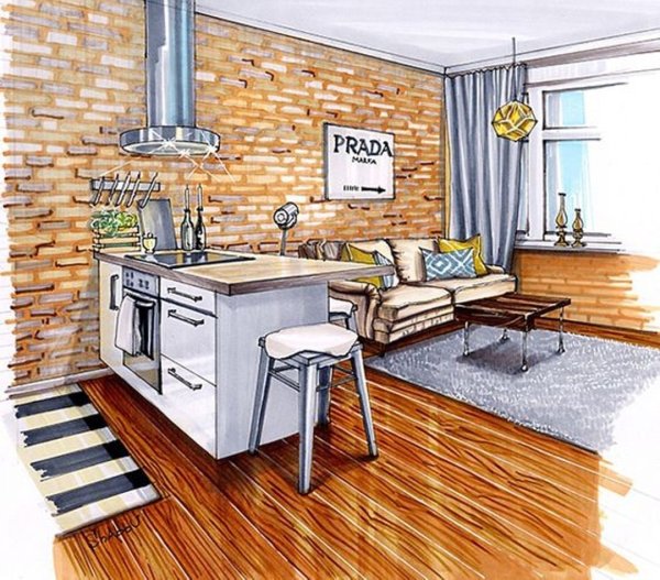 Скетчинг комната в стиле лофт