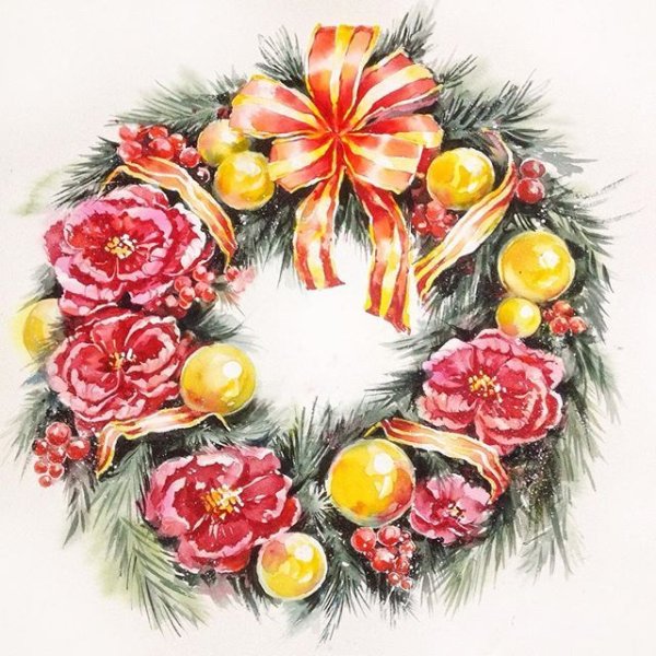 Венок Рождественский венок акварель
