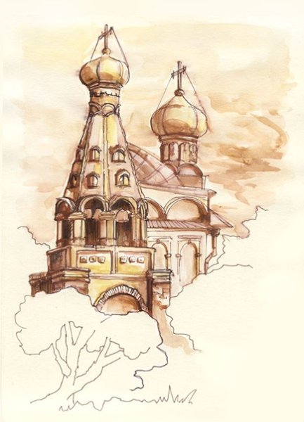 Церковь собор Александра Невского акварелью
