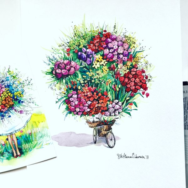 Скетчинг маркерами букет цветов