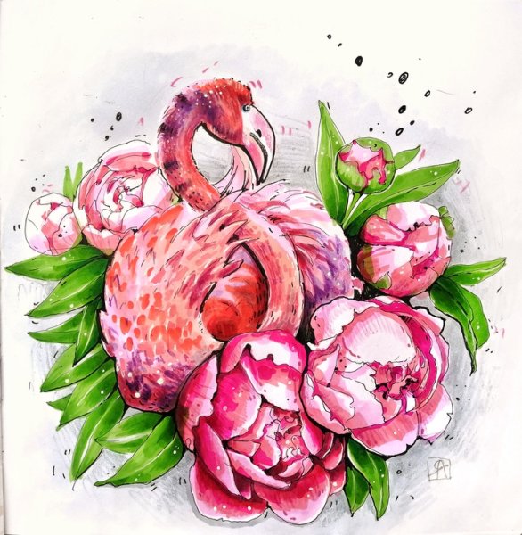 Фламинго скетч маркерами