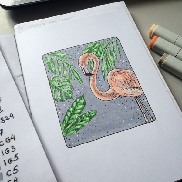 Рисование маркерами для скетча Фламинго