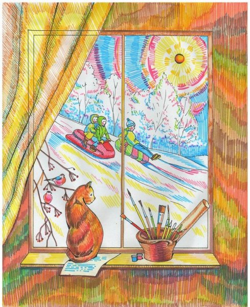 Зимний пейзаж фломастерами