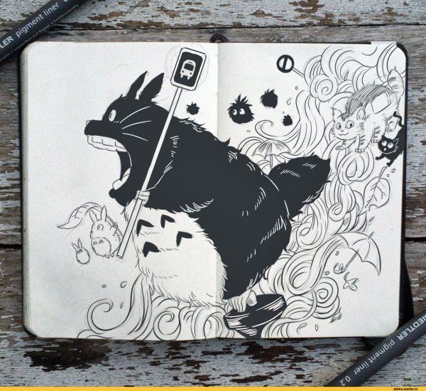 Рисунки черным маркером для скетчбука