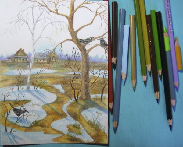 Весенний пейзаж цветными карандашами