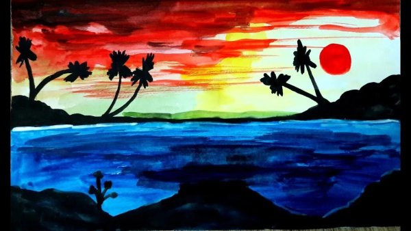 Закат на море рисунок гуашью