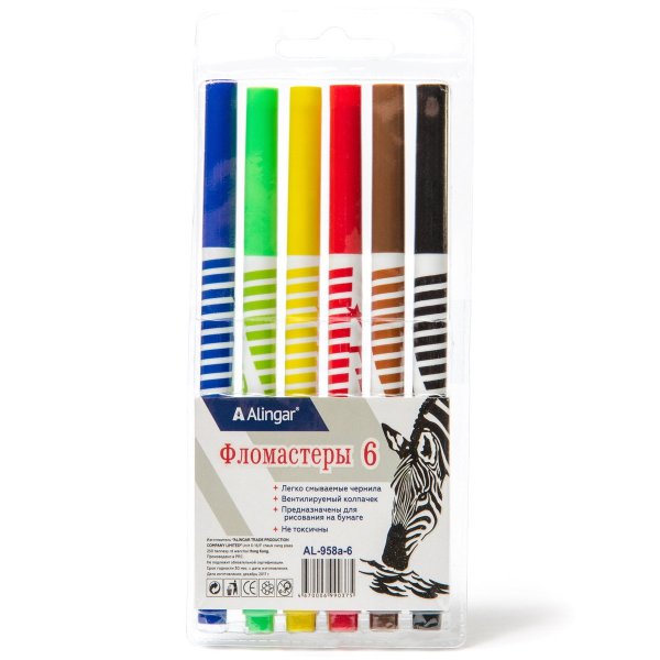 Фломастеры 6цв ALINGAR al958a-6 "Зебра" смываемые 15955