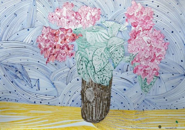 Гортензия в вазе рисунок карандашом