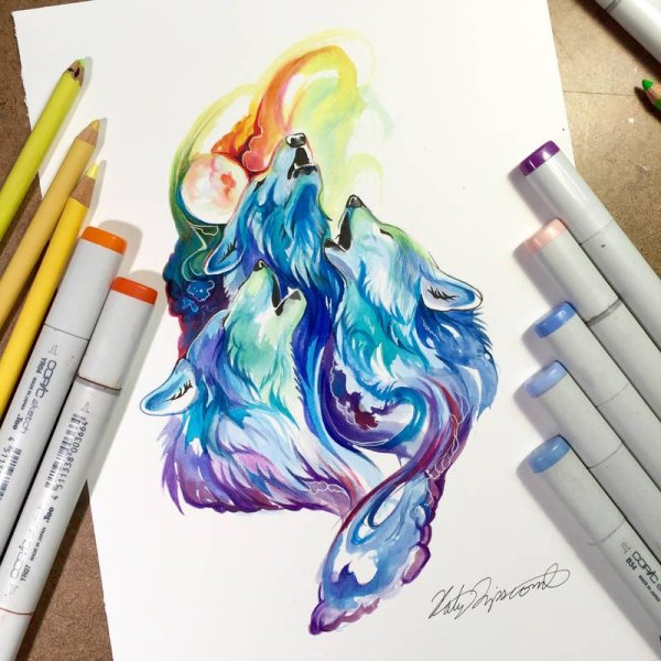 Волк скетч маркерами