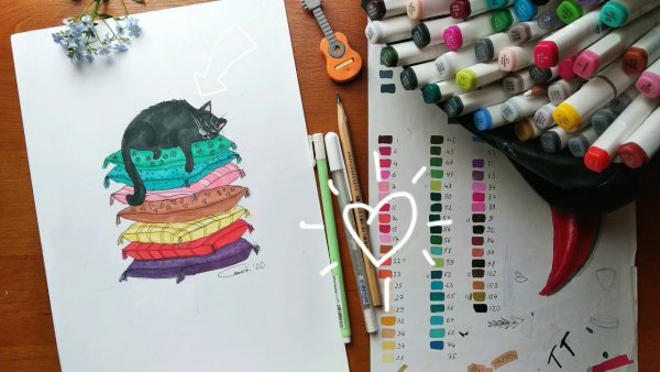 Котик рисование фломастерам