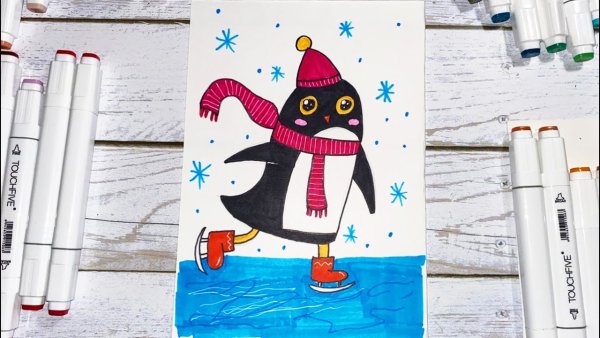 Пингвинёнок акварелью