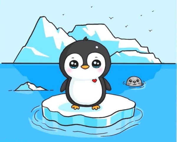 Новогодний Пингвин детский рисунок для урока рисования