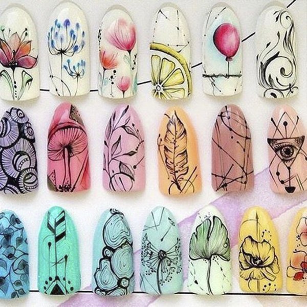 Рисование акварелью на ногтях