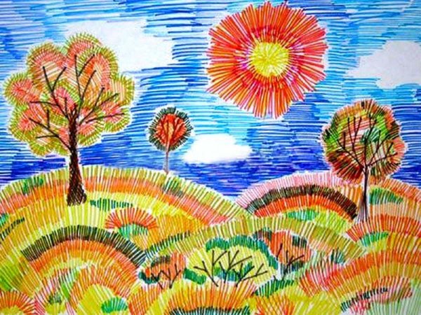 Пейзаж фломастерами и карандашами