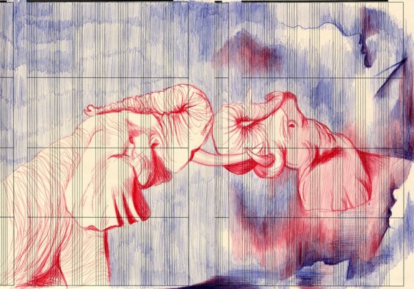 Рисунки красной и синей ручкой