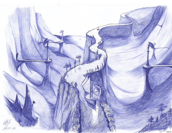 Пейзаж синей ручкой