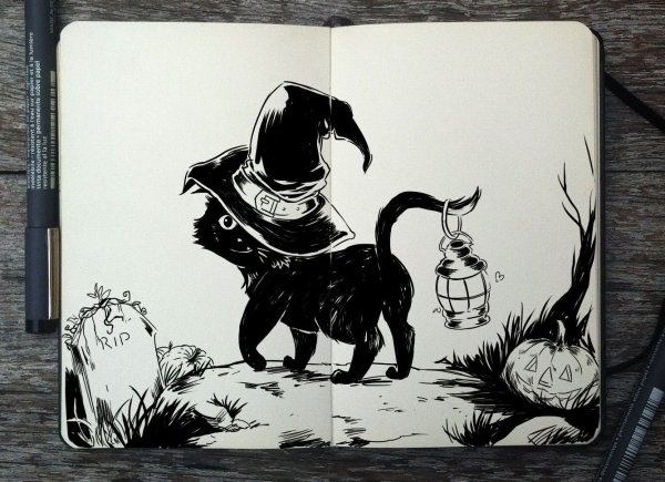 Арты черным маркером в скетчбуке