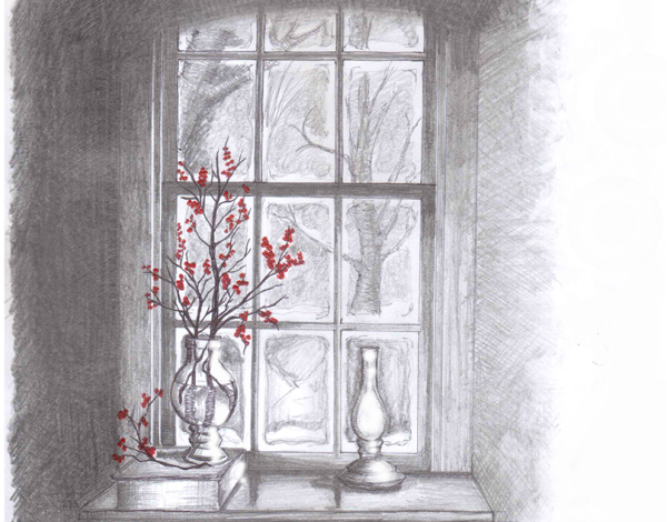 Зимний пейзаж за окном рисунок