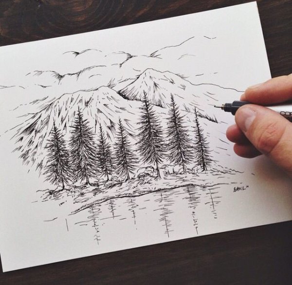 Графический пейзаж тушью