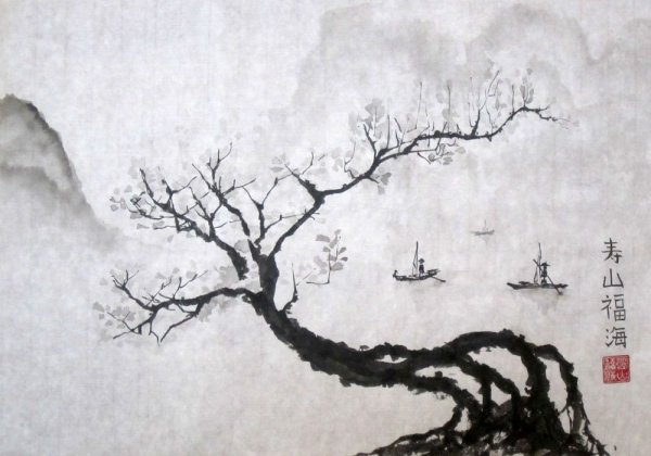 Японская живопись тушью в стиле суйбоку Рюкю Саито