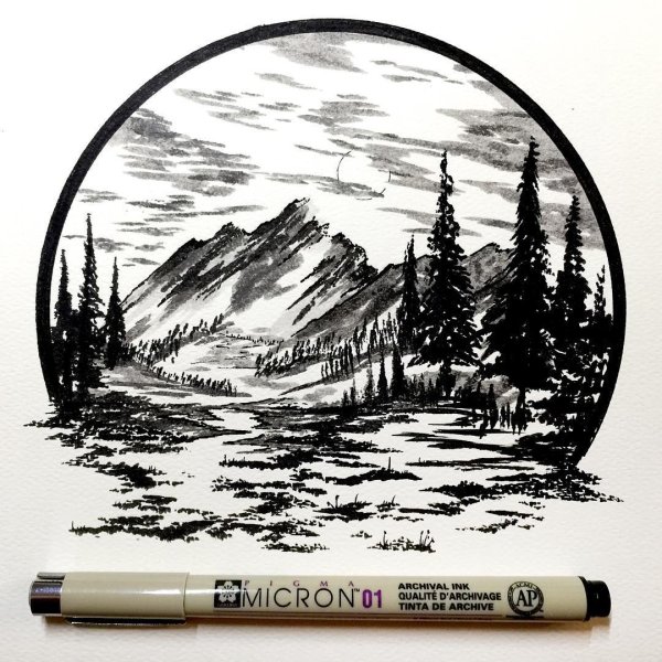 Пейзаж чёрной гелевой ручкой