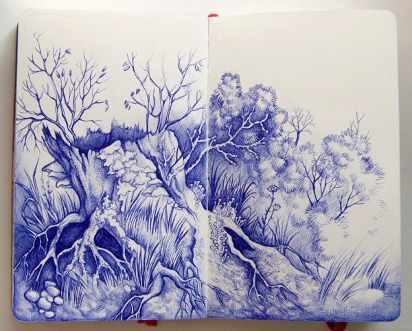 Пейзаж шариковой ручкой