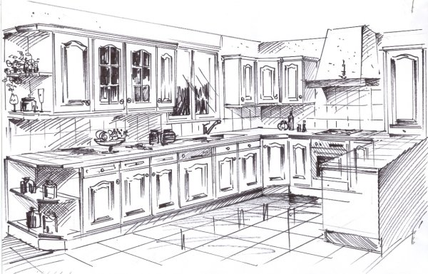 Набросок кухни карандашом